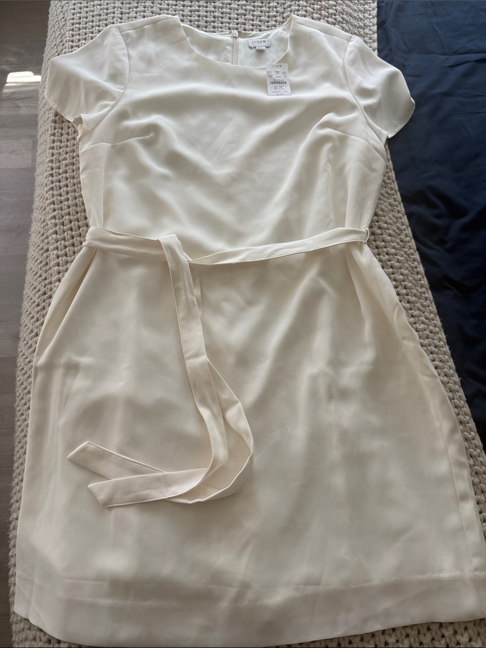 J. Crew Ivory Short-Sleeve Belted Midi Dress